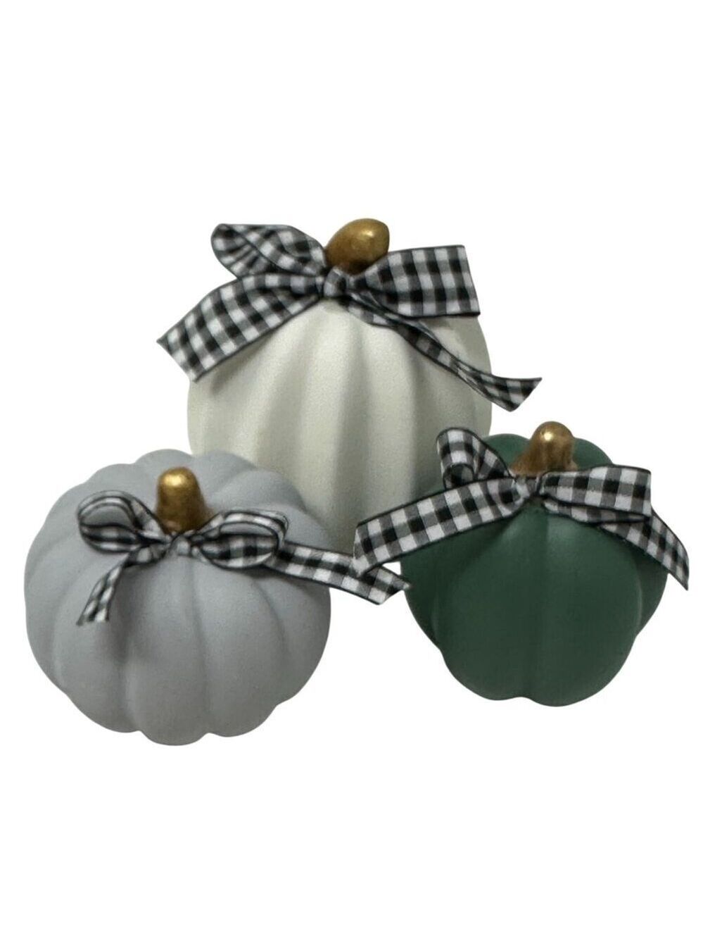 Farmhouse Pumpkin Trio White Gray Green Buffalo Check Ribbon Fall Decor Set